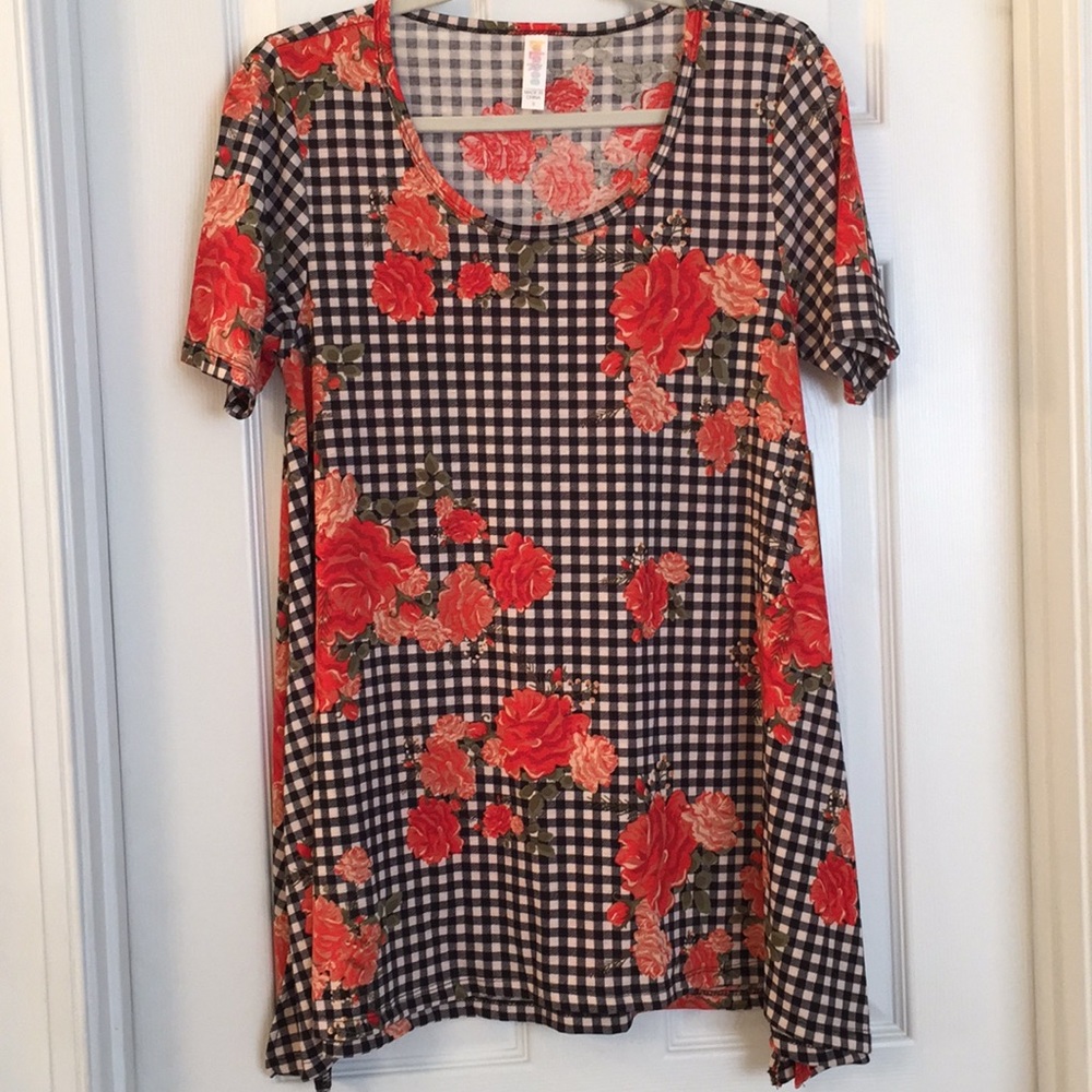 Perfect Swing Tunic Top Black/White Check w/Roses Sz S-NWT